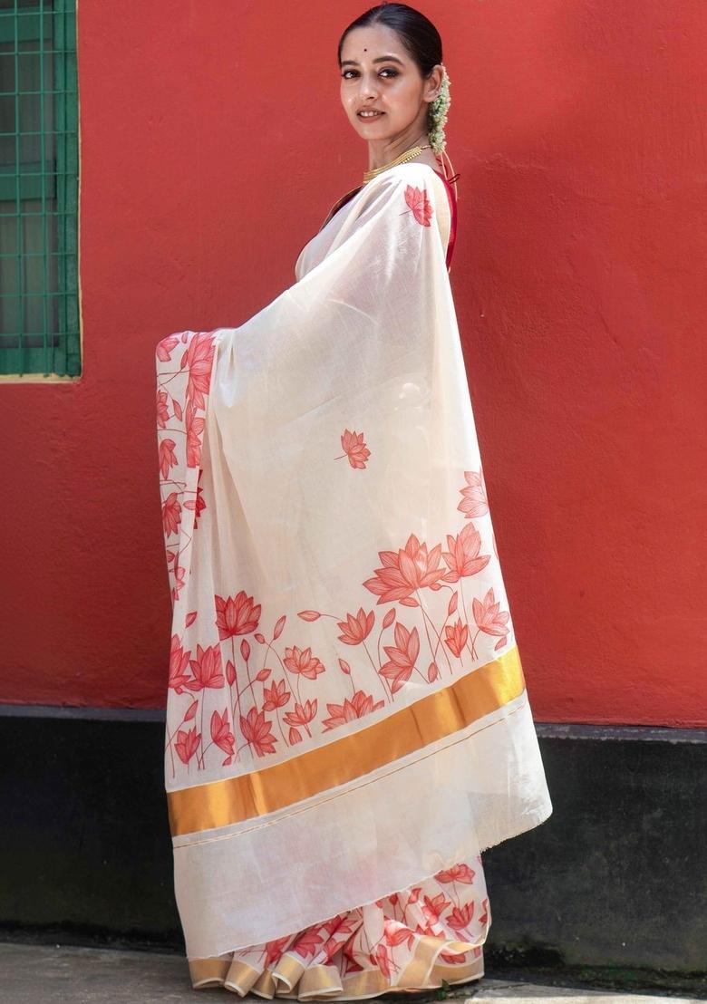 Off White Printed Cotton Saree Set - Indya