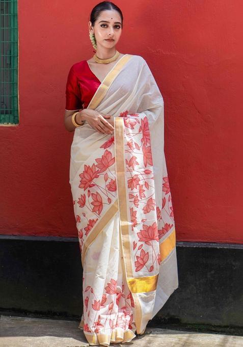 Off White Printed Cotton Saree Set