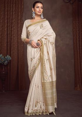 Cream Woven Design Linen Saree Set