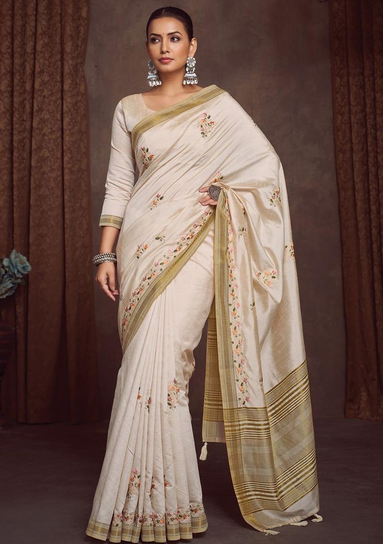 Cream Woven Design Linen Saree Set - Indya