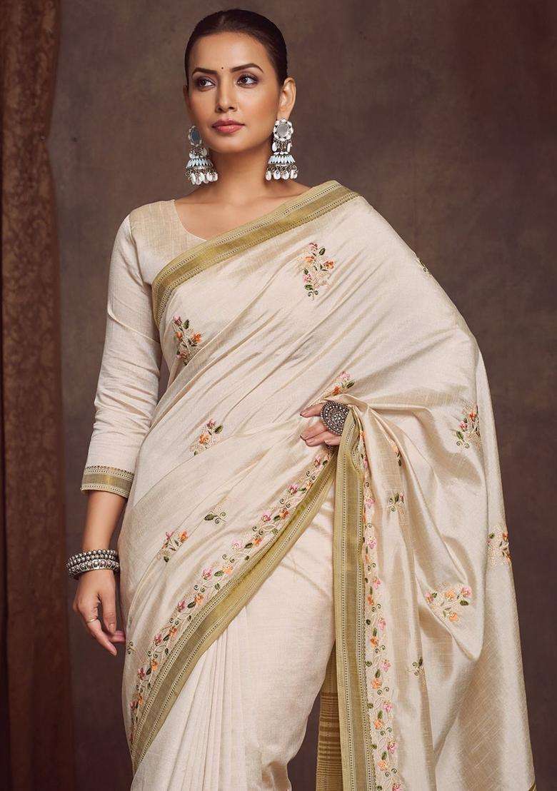Cream Woven Design Linen Saree Set for Diwali and Festive Wear - Indya