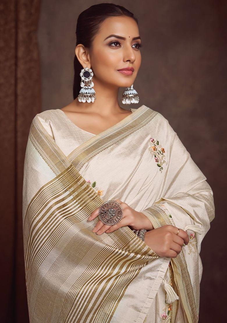 Cream Woven Design Linen Saree Set - Indya