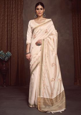 Cream Embroidered Linen Saree Set