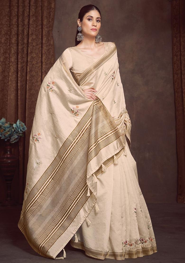 Cream Embroidered Linen Saree Set - Indya