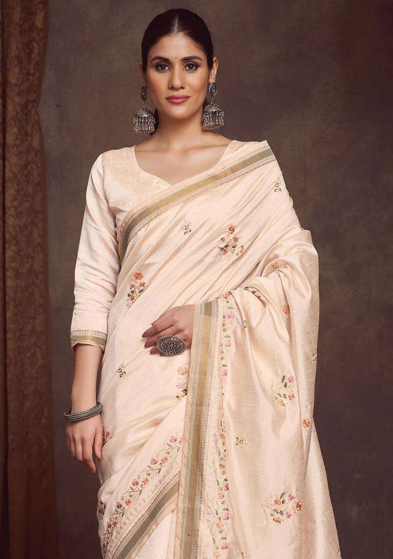 Cream Linen Saree Set with Embroidered for Diwali | Wedding & Festive Wear - Indya