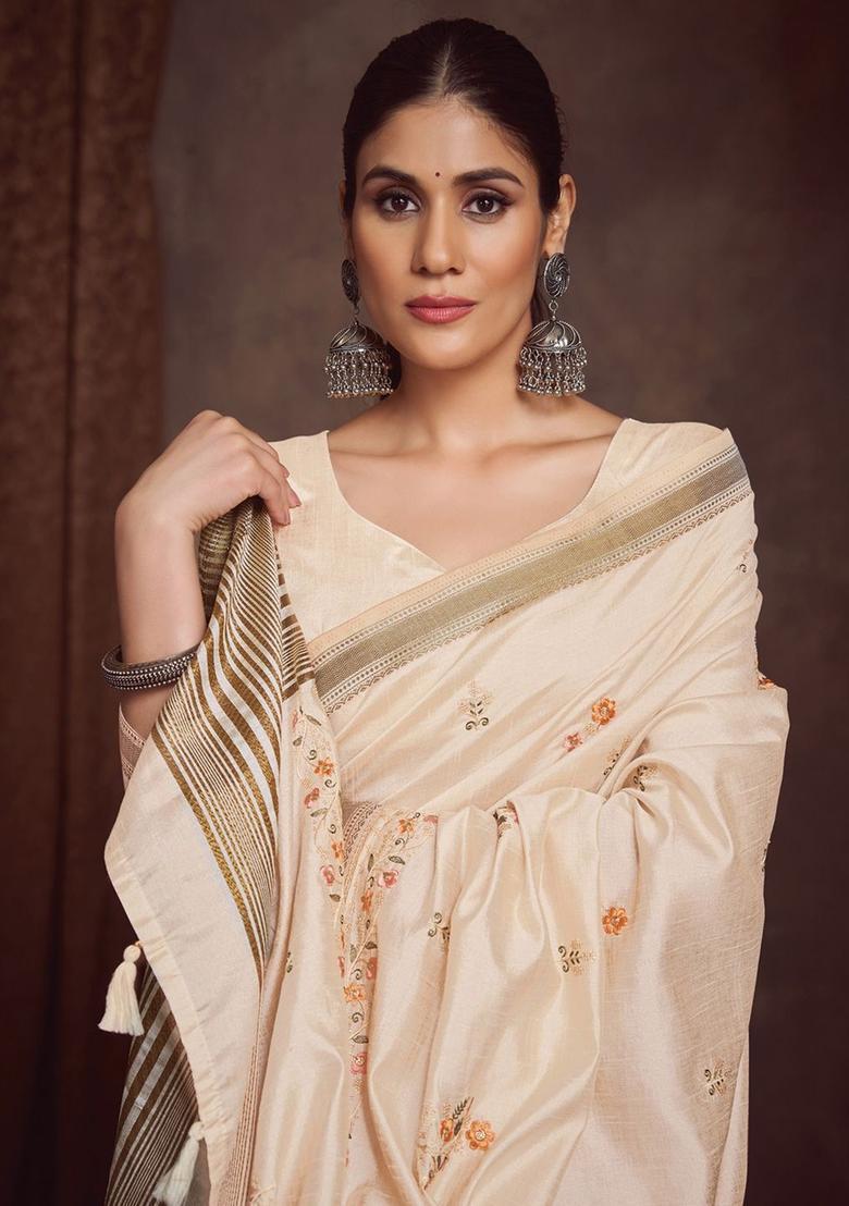 Cream Embroidered Linen Saree Set - Indya