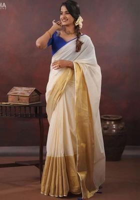 Off White Solid Cotton Saree Set