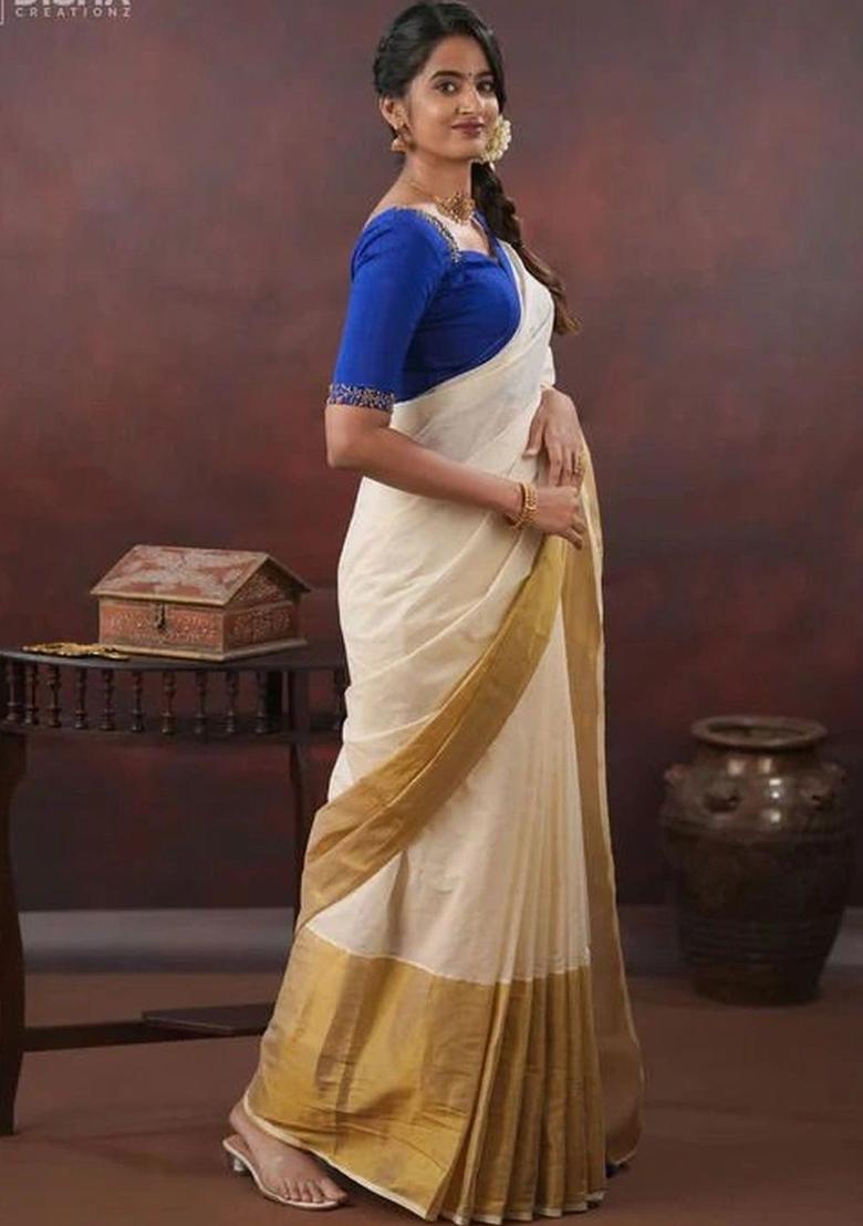 Off White Solid Cotton Saree Set - Indya