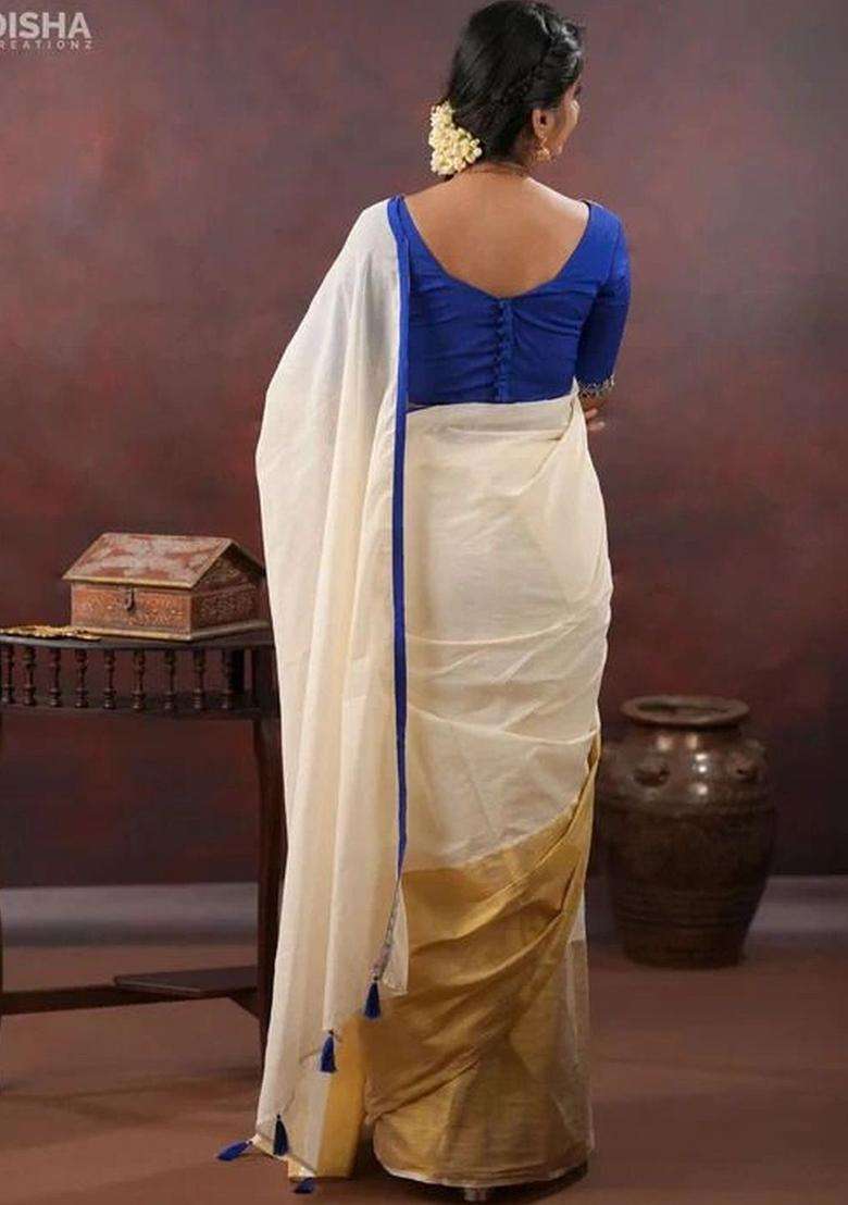 Off White Solid Cotton Saree Set for Diwali and Festive Wear - Indya