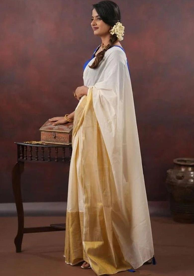Off White Solid Cotton Saree Set - Indya