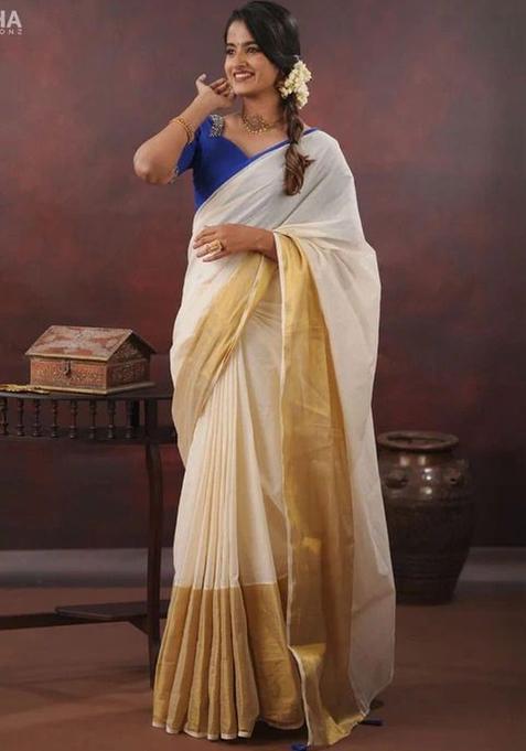 Off White Solid Cotton Saree Set