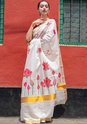 Off White Printed Cotton Saree Set