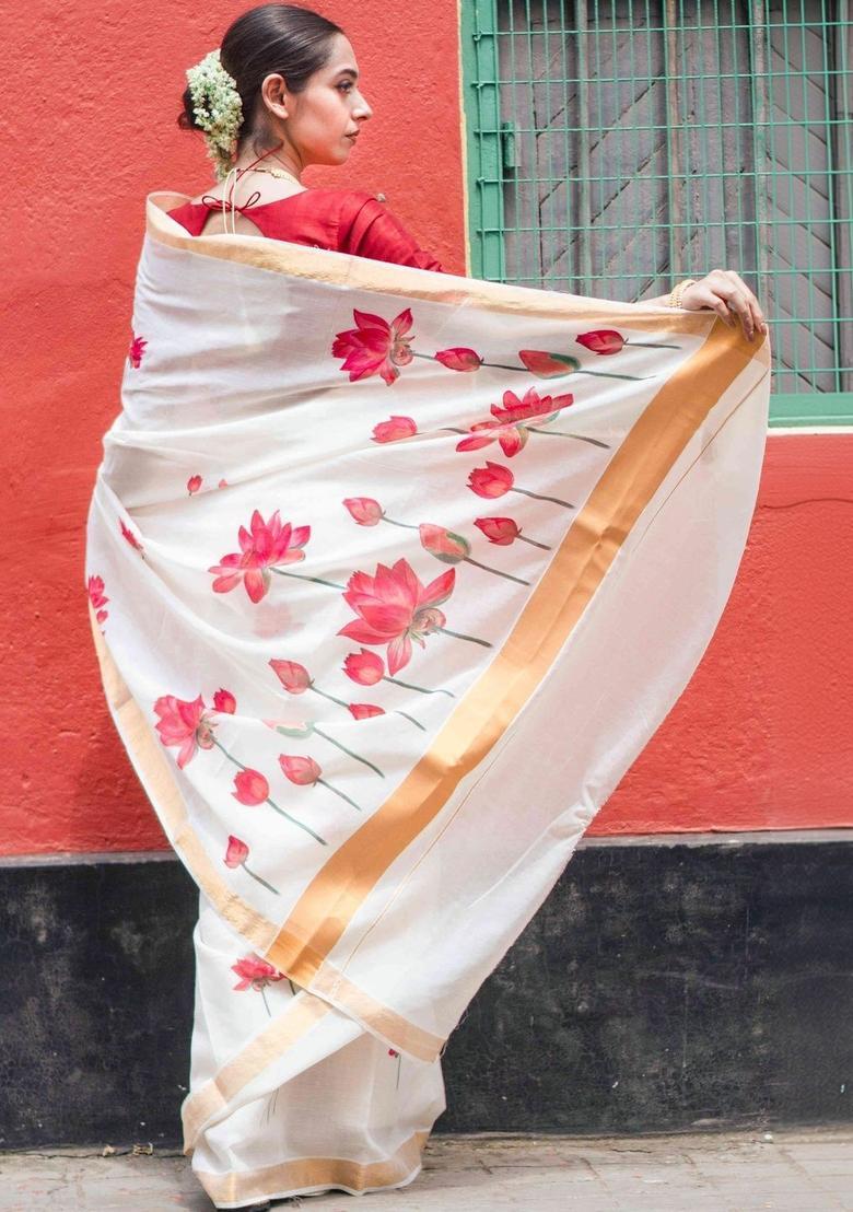 Off White Printed Cotton Saree Set - Indya