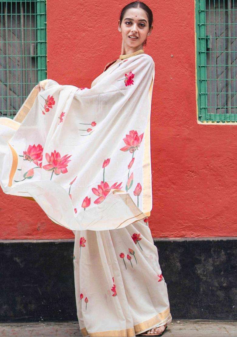 Off White Printed Cotton Saree Set for Diwali and Festive Wear - Indya