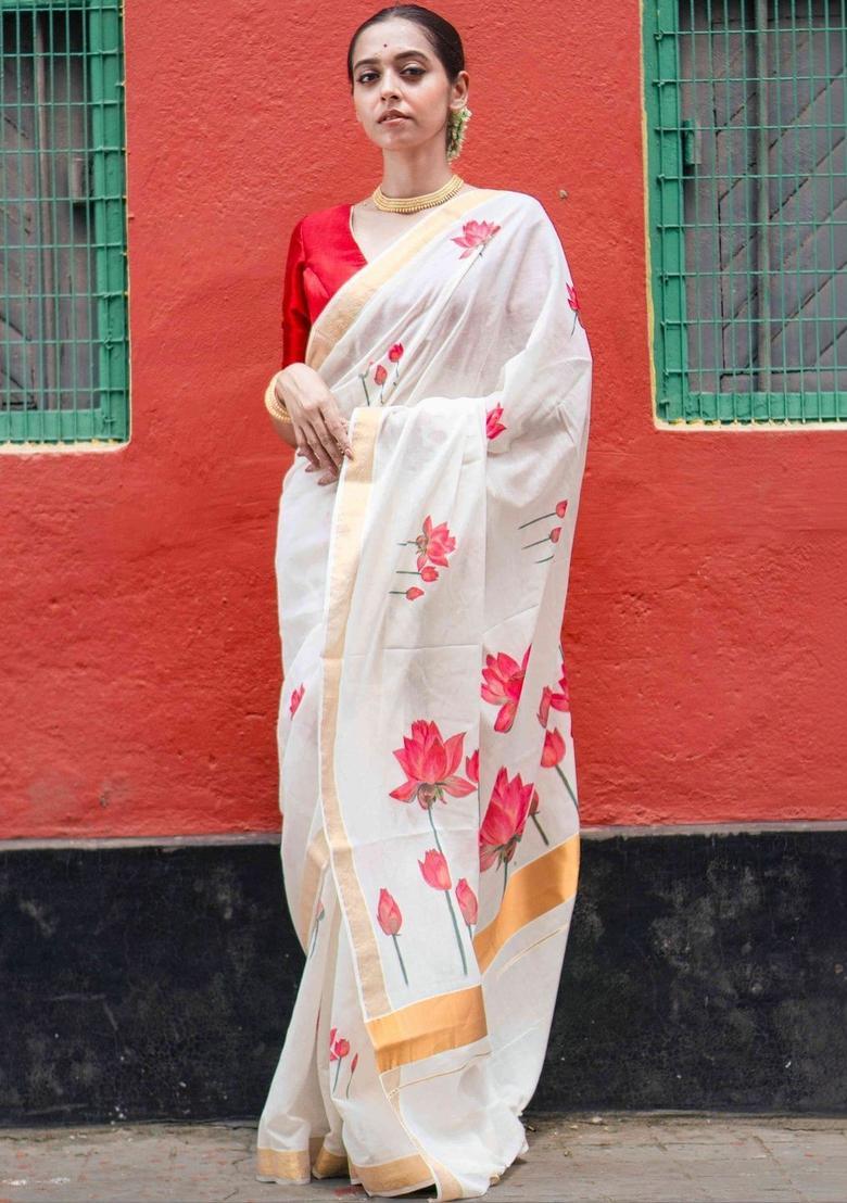 Off White Printed Cotton Saree Set - Indya