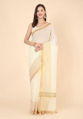 Off White Solid Cotton Saree Set