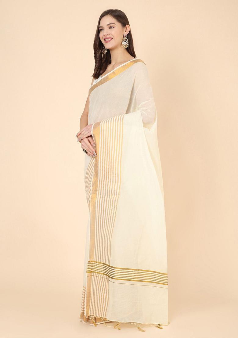 Off White Solid Cotton Saree Set - Indya