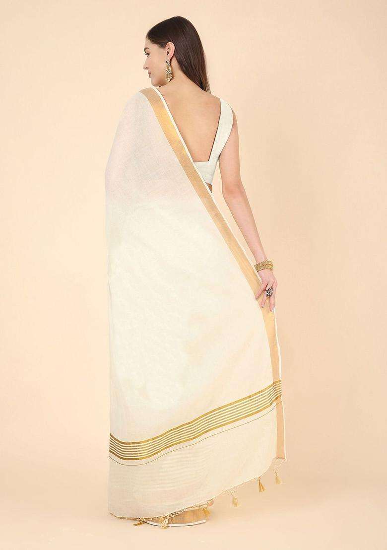 Off White Solid Cotton Saree Set for Diwali | Wedding & Festive Wear - Indya