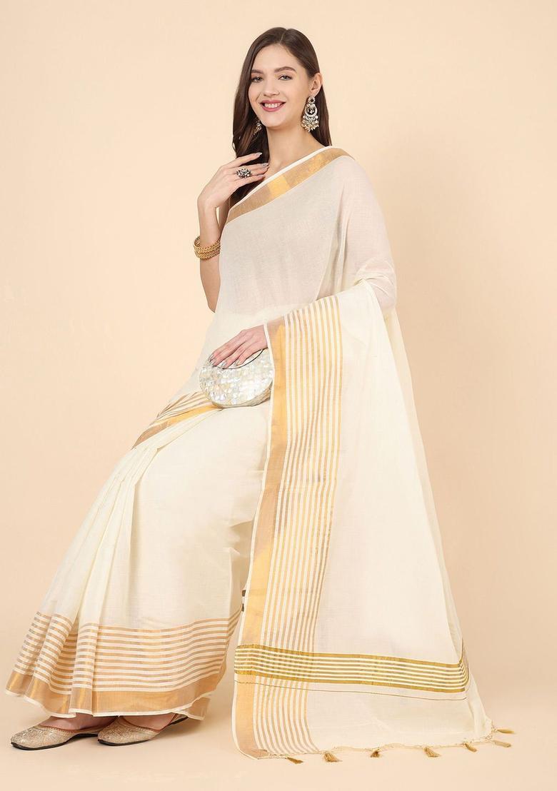 Off White Solid Cotton Saree Set - Indya