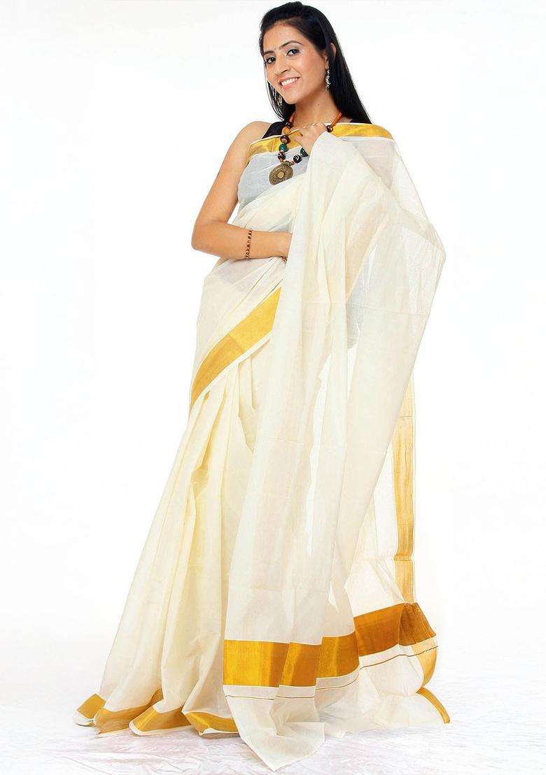 White Solid Cotton Saree Set for Diwali | Wedding & Festive Wear - Indya