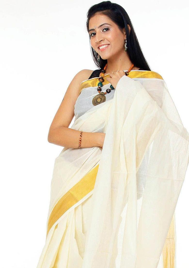 White Solid Cotton Saree Set - Indya