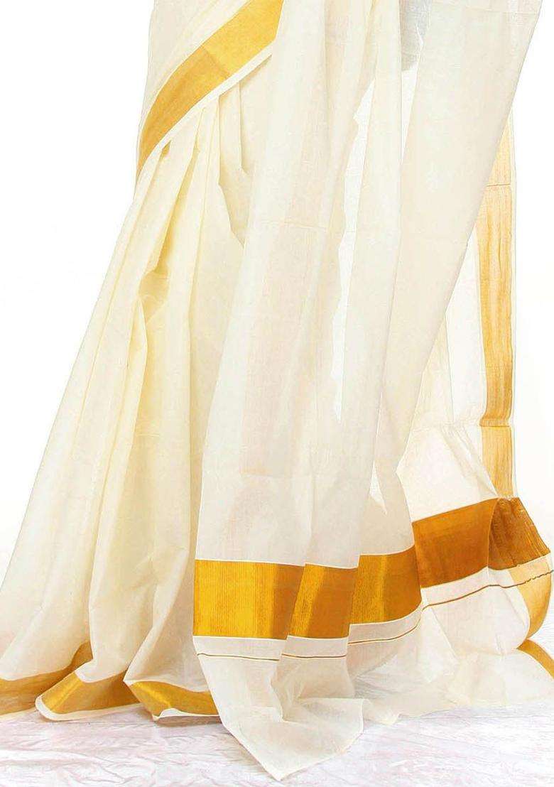 White Solid Cotton Saree Set for Diwali | Wedding & Festive Wear - Indya