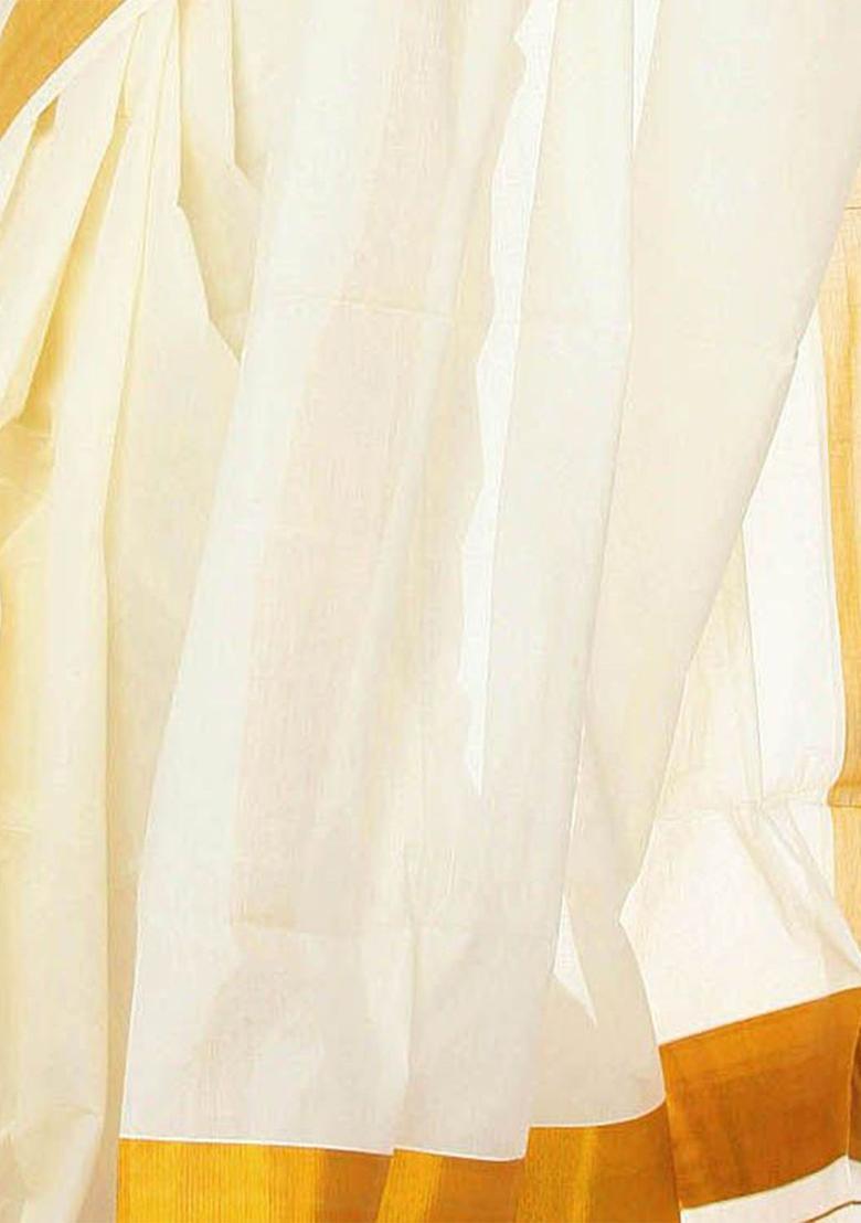 White Solid Cotton Saree Set - Indya