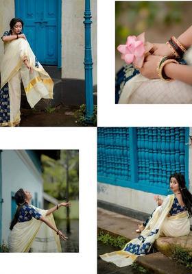 Off White Printed Cotton Saree Set