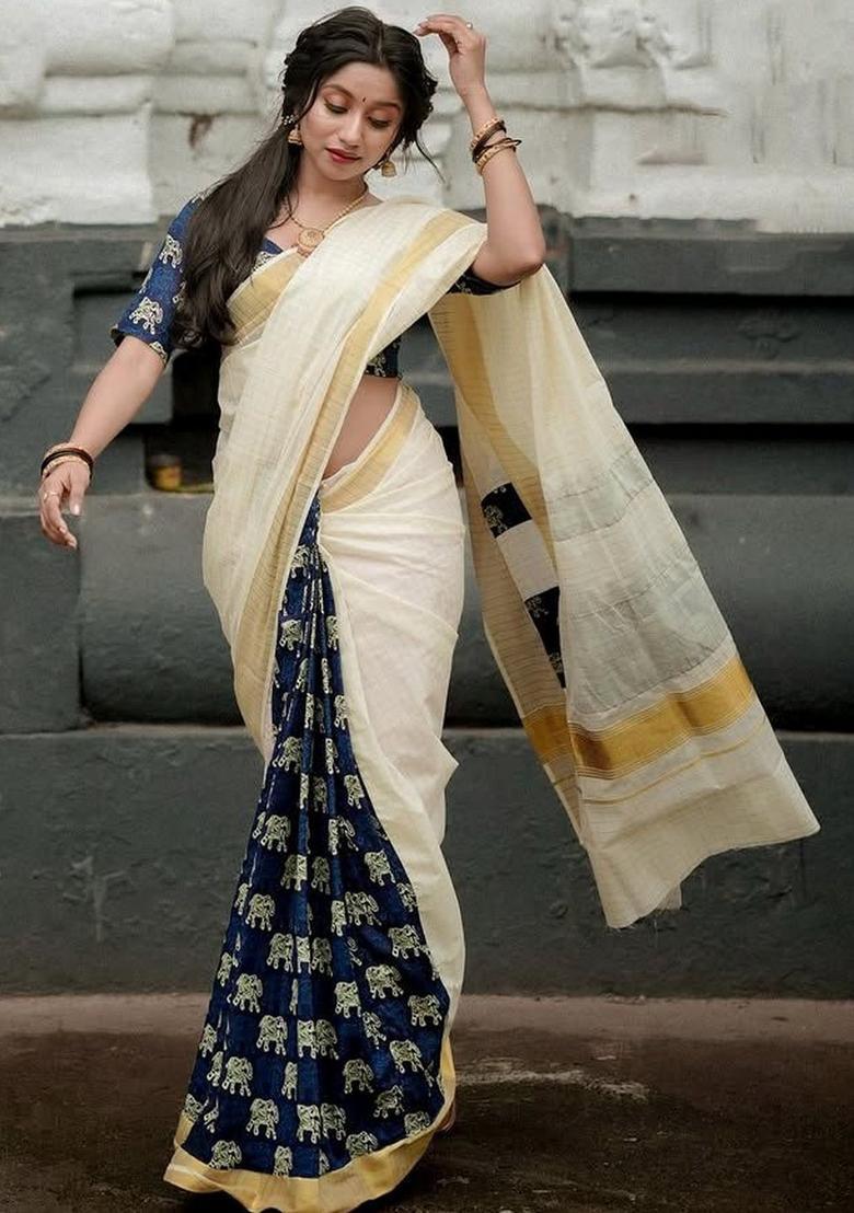 Off White Printed Cotton Saree Set - Indya