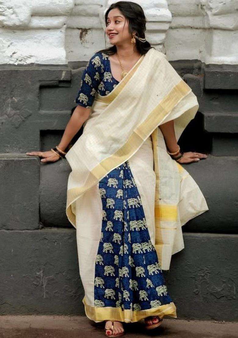 Off White Printed Cotton Saree Set - Indya