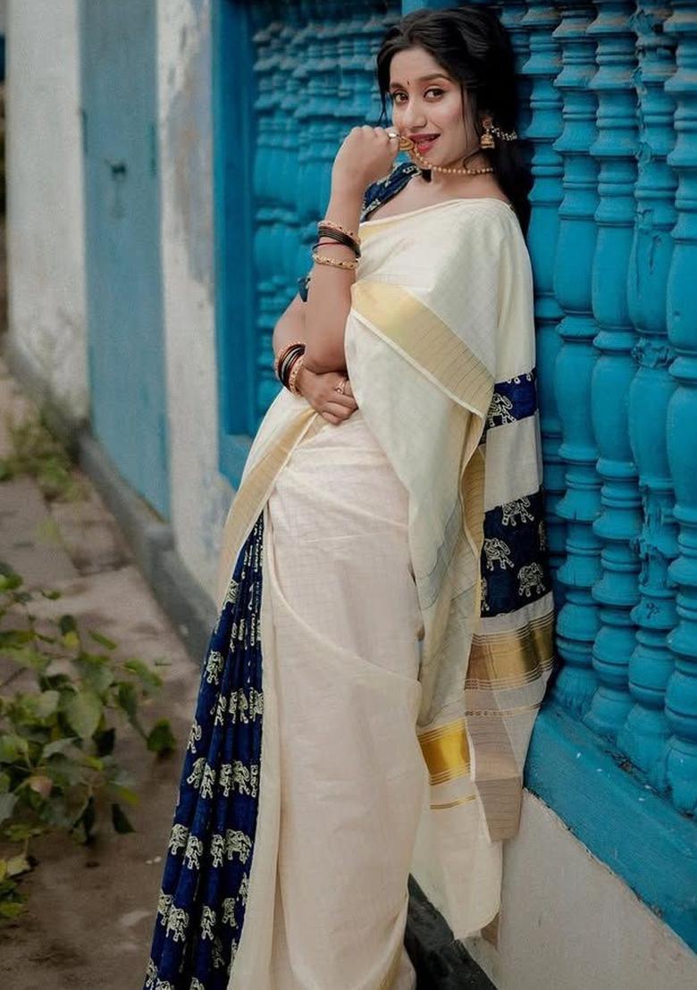 Off White Printed Cotton Saree Set - Indya