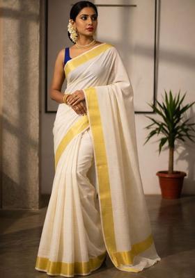 Off White Checked Cotton Saree Set