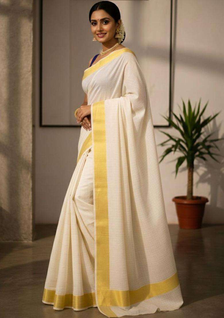 Off White Checked Cotton Saree Set for Diwali | Wedding & Festive Wear - Indya