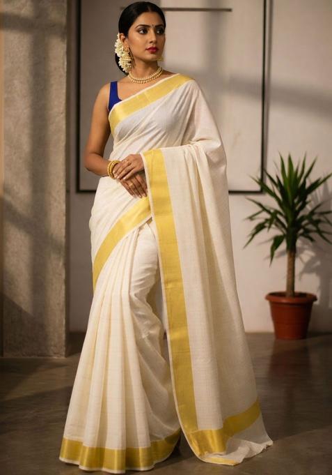 Off White Checked Cotton Saree Set
