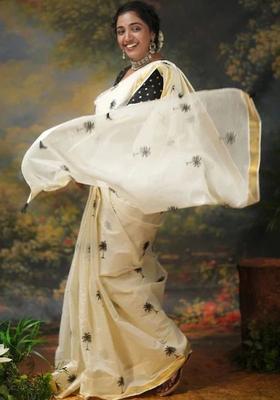 Cream Printed Cotton Saree Set