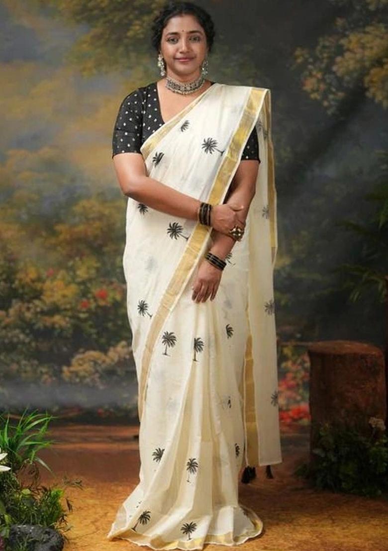 Cream Printed Cotton Saree Set - Indya