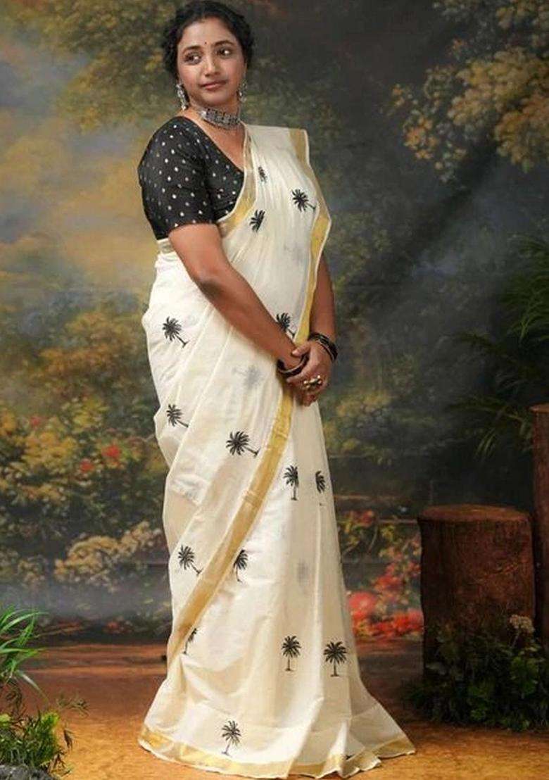 Cream Printed Cotton Saree Set for Diwali and Festive Wear - Indya