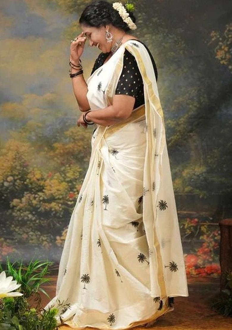 Cream Printed Cotton Saree Set - Indya