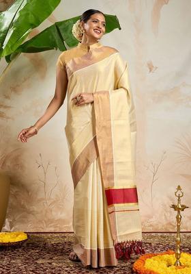 Off White Checked Tissue Saree Set