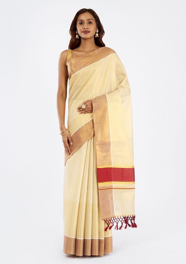 Off White Checked Tissue Saree Set - Indya