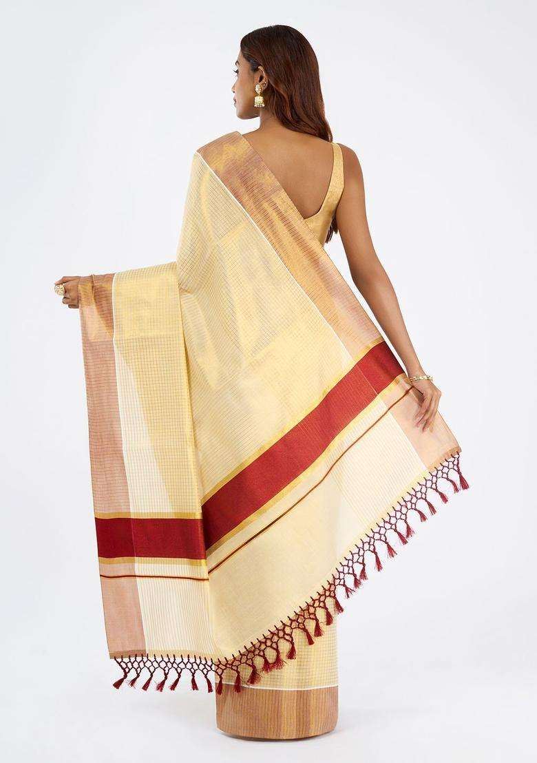 Off White Checked Tissue Saree Set for Diwali and Festive Wear - Indya