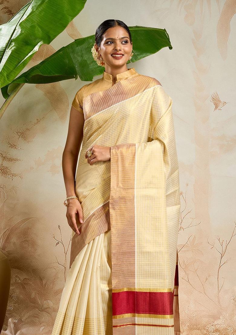 Off White Checked Tissue Saree Set - Indya