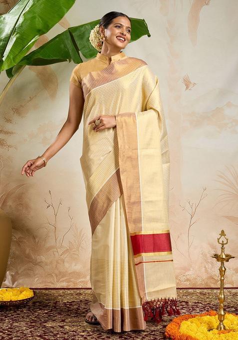 Off White Checked Tissue Saree Set