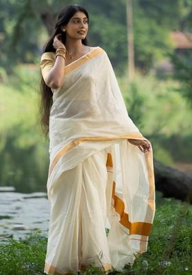 White Woven Design Cotton Saree Set