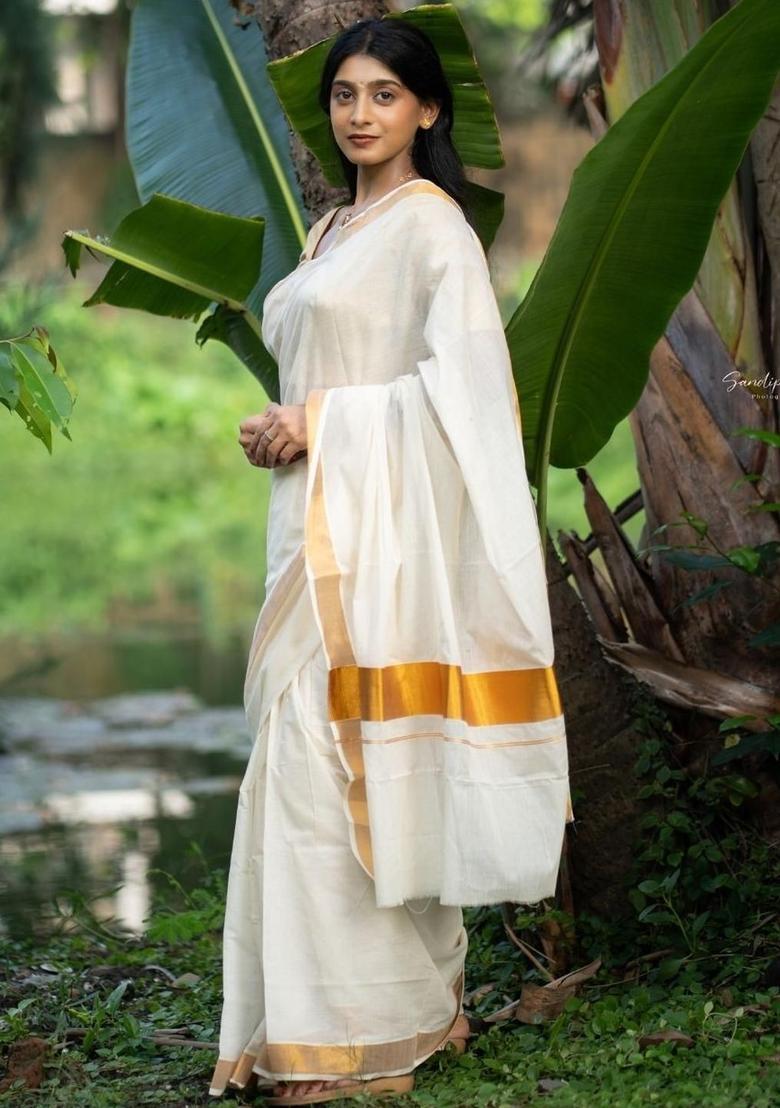 White Woven Design Cotton Saree Set - Indya