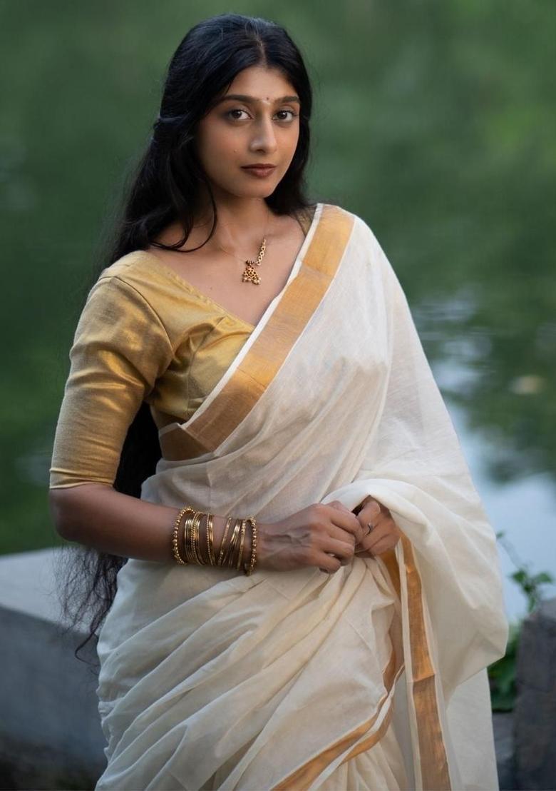 White Woven Design Cotton Saree Set - Indya