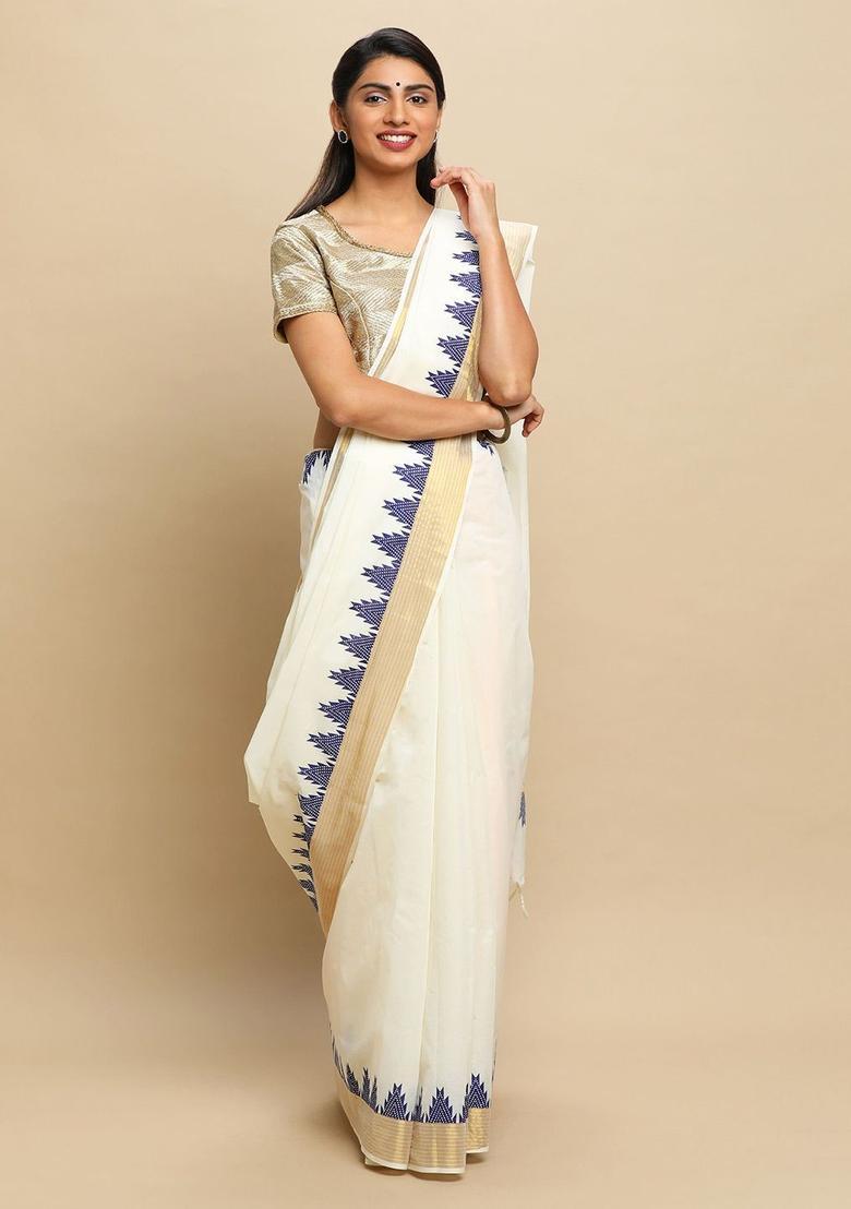 Off White Solid Tissue Saree Set - Indya