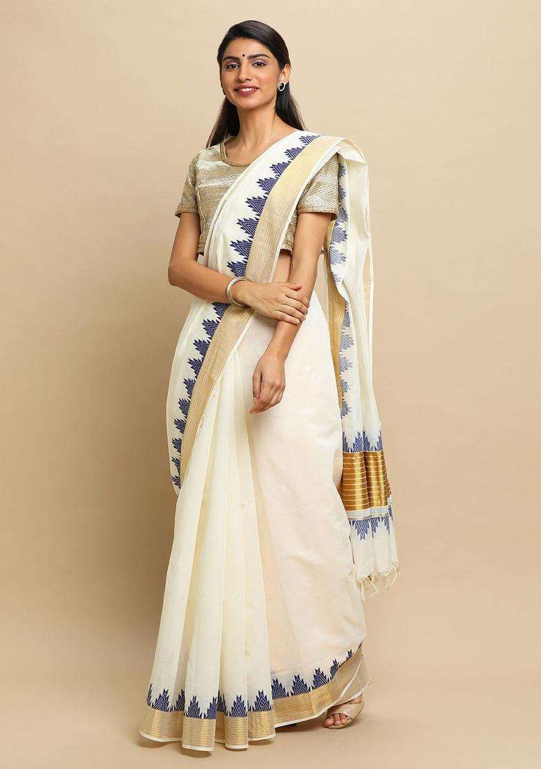 Off White Solid Tissue Saree Set for Diwali and Festive Wear - Indya
