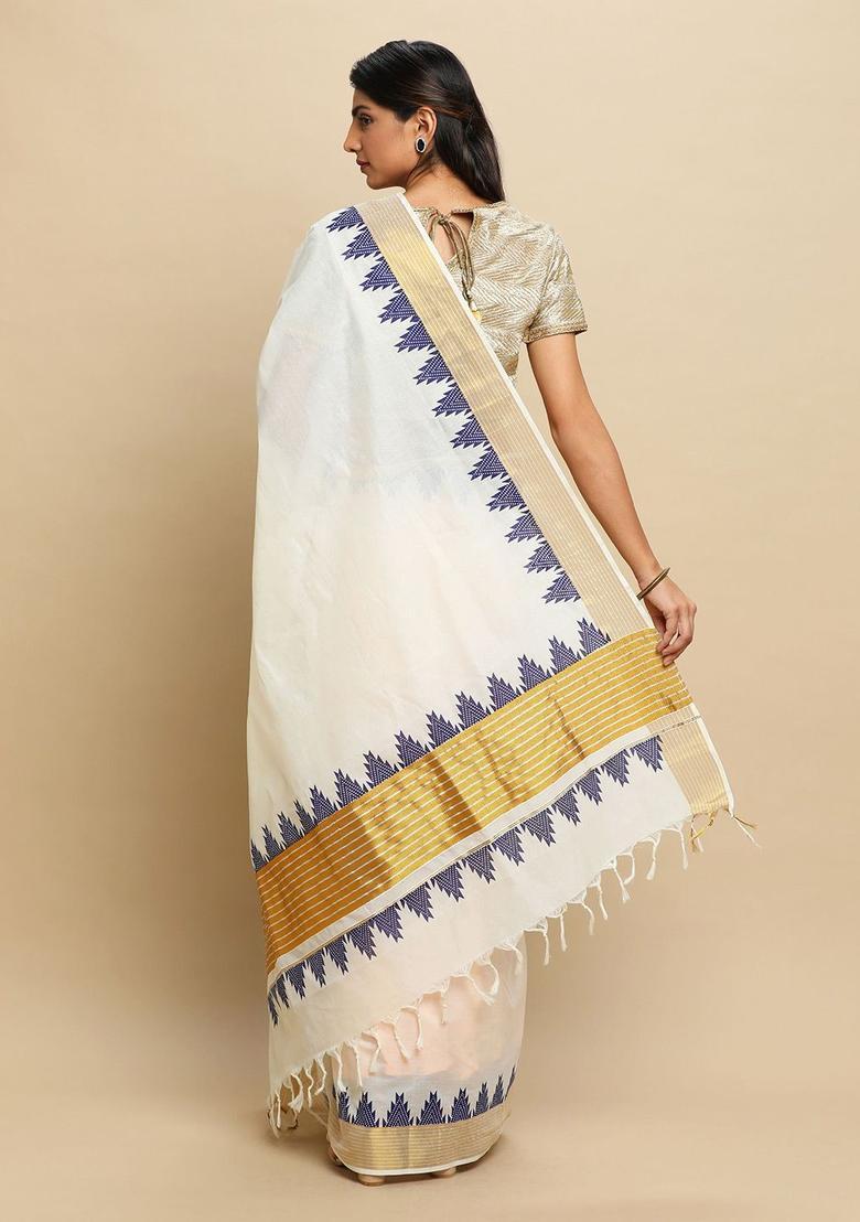 Off White Solid Tissue Saree Set - Indya