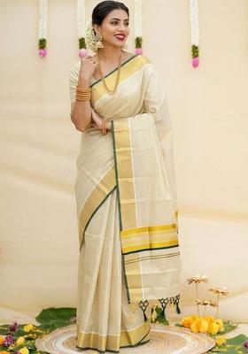 Cream Woven Design Tissue Saree Set